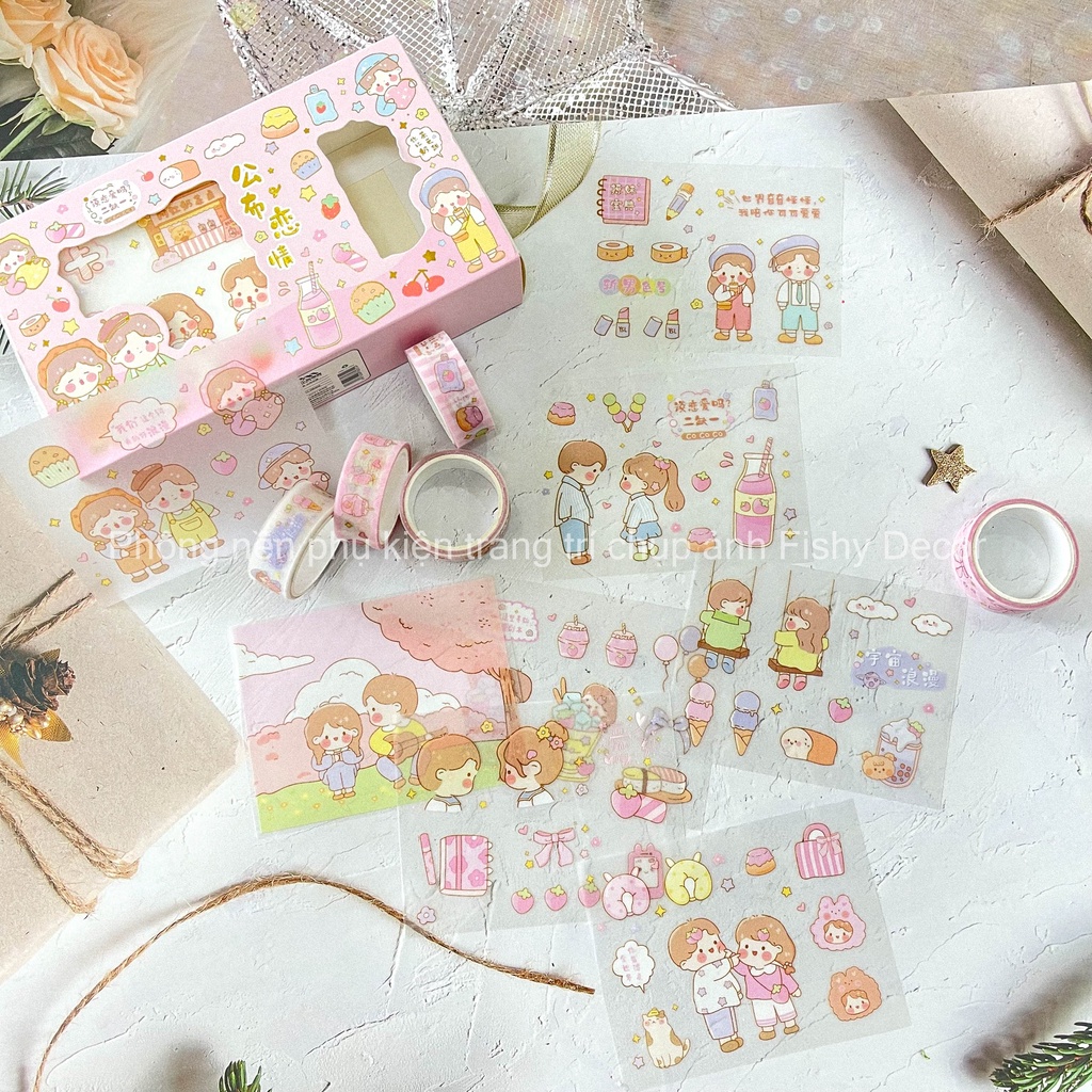 Set Sticker Kèm Washi Tape Phong Cách Dễ Thương