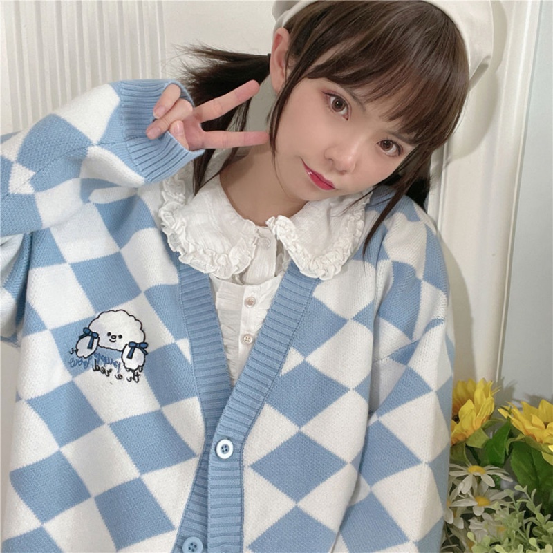 Áo Khoác Cardigan Dệt Kim Dày Dặn Thêu Họa Tiết Sọc Caro Màu Xanh Dương Trắng Mùa Thu Đông jk Su