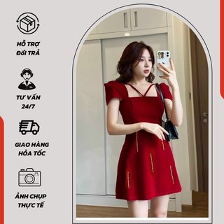 Đầm nhung nữ midi cổ vuông cột dây chéo xinh xắn, váy đi chơi siêu dễ thương - 1059