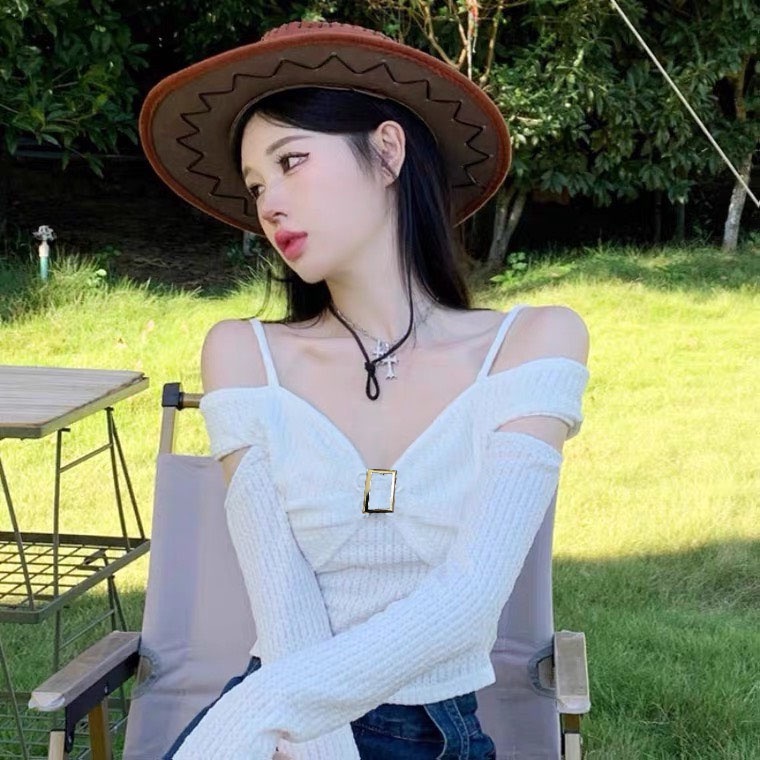 Áo croptop tay dài HAGA áo trễ vai nơ ngực sang trọng ATVN66