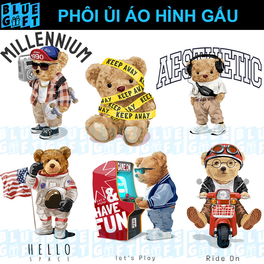 (Hình Ủi Nhiệt Quần Áo - Miếng Dán Ủi Quần Áo) Có In Theo Yêu Cầu, Hình Ủi Gấu G14 - Blue Gift