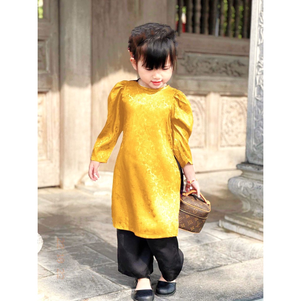 Set áo dài bằng gấm và quần lụa tay raglan cổ thuyền cho bé gái cực xinh, diện tết hoặc đi chơi đều được