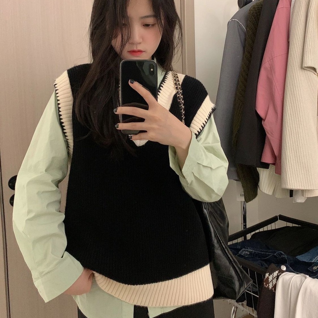 Bộ Áo Sơ Mi + Áo Khoác Vest Dệt Kim Thiết Kế Trẻ Trung Cá Tính