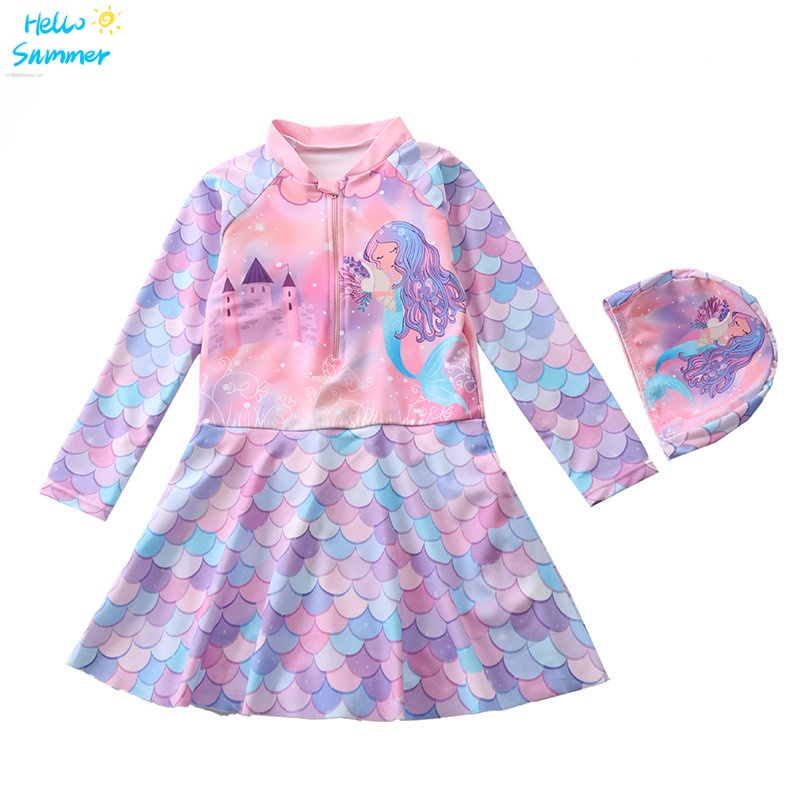 Bộ Đồ Bơi Một Mảnh Tay Dài In Họa Tiết Vảy Cá Thời Trang 2022 Cho Bé Gái