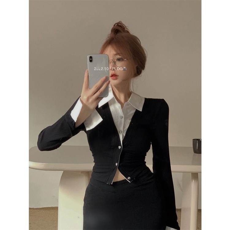 Cocory vn Áo Crop Top Đen Tay Dài Cổ Polo Dáng Ôm Gợi Cảm Thiết Kế Thời Trang hot Cho Bạn Gái