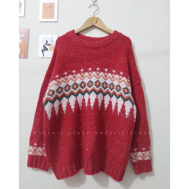 Áo len thổ cẩm vintage, Áo len hoạ tiết Giáng Sinh ấm áp
