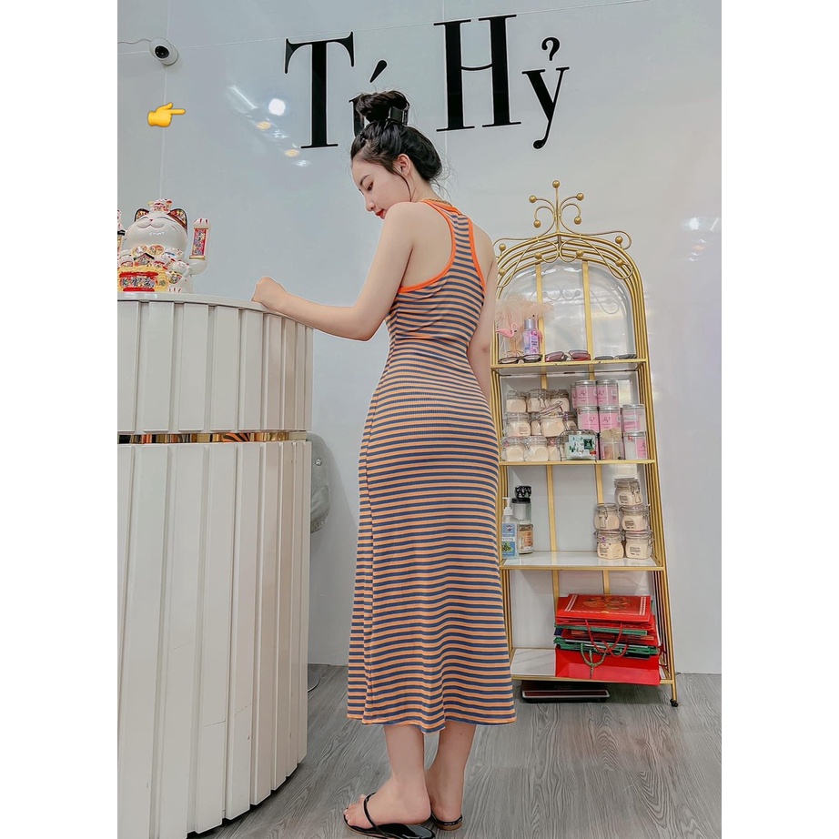 Đầm body nữ kiểu sọc ngang phối màu chất thun gân kiểu ba lỗ sát nách dáng dài midi xinh hot
