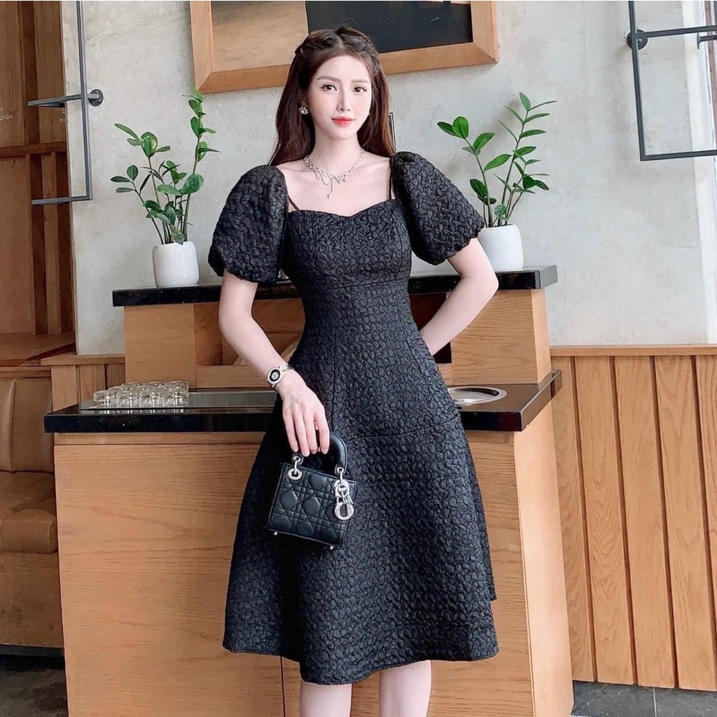 [12.12 Sales Freeship] Đầm xòe midi chất xốp dáng dài tay phồng, đầm trơn đơn giản ôm eo xòe bồng đi tiệc sang trọng