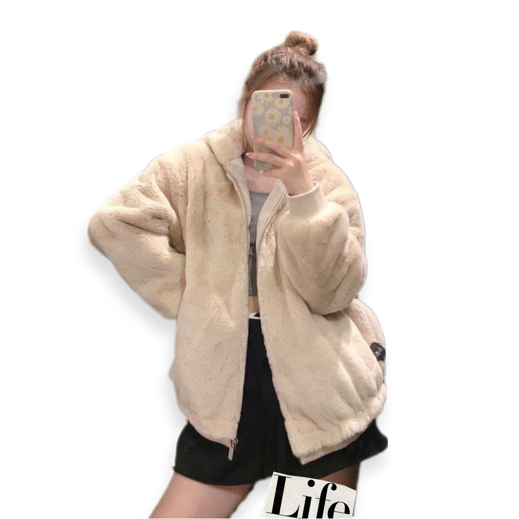 Áo khoác lông cừu mũ siêu to tai gấu mền mượt ấm áp bất chấp rét đại hàn