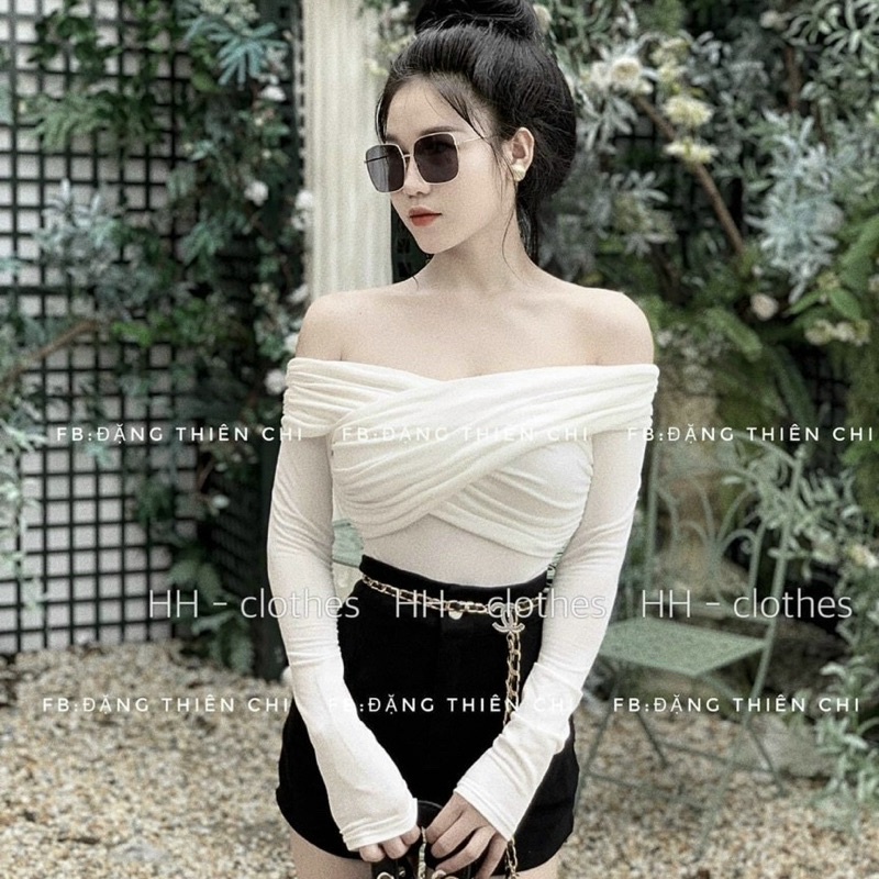 Áo trễ vai đắp chéo tay dài thời trang thu đông cao cấp