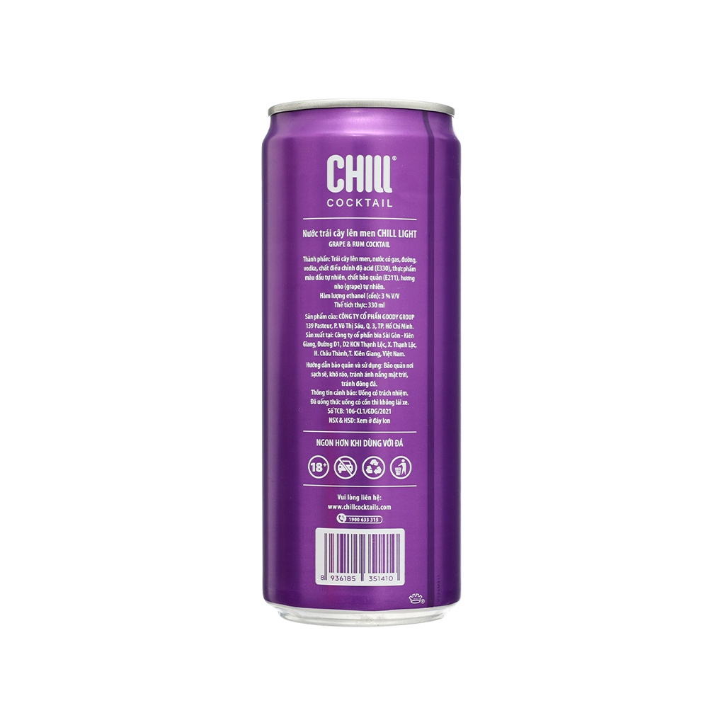 Nước Trái Cây Lên Men Chill Cocktail Rum & Grape Vị Nho Lon 330Ml