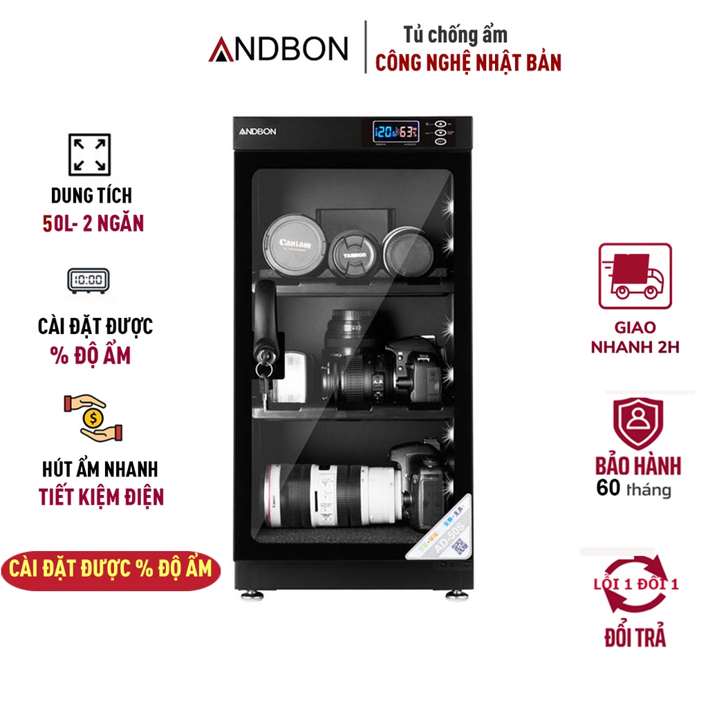 Tủ chống ẩm máy ảnh 50 Lít nhập khẩu Andbon công nghệ Nhật Bản, 3 ngăn chống xước, cài đặt % đô ẩm
