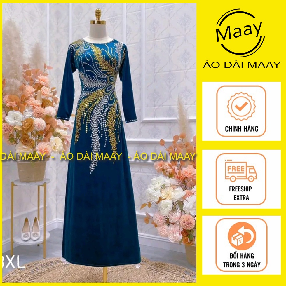 ÁO DÀI TRUNG NIÊN MÀU XANH THIẾT KẾ THÊU ĐÍNH HỌA TIẾT HOA