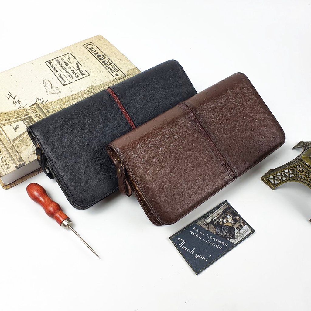 Ví cầm tay nam nữ da bò vân đà điểu WL126VB  - 100% da bò thật, BH 3 năm