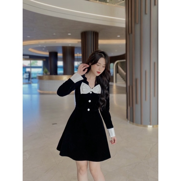 Váy thiết kế nữ nhung nơ tay phối mùa thu KYNA DRESS ELYSNIE.CO design