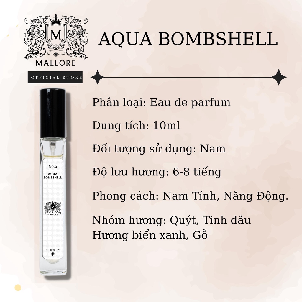 Nước hoa nam Mallore Aqua bombshell phong độ, mạnh mẽ. Nước hoa mini 10ml dạng xịt tiện lợi