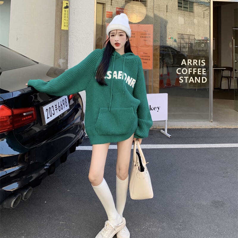 Áo Khoác Sweater Có Mũ Trùm Dày Dặn Dáng Rộng Màu Đen Phong Cách Hàn Quốc Thời Trang Mùa Đông Cho Nữ