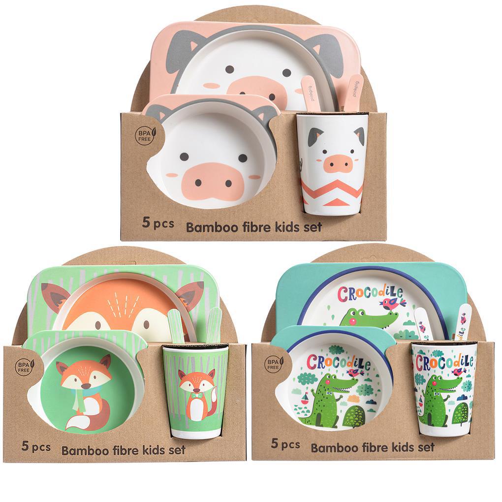 Bộ 5 Dụng Cụ Ăn Uống Bằng Sợi Tre Họa Tiết Hoạt Hình Dễ Thương Cho Bé