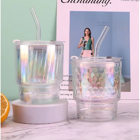 Cốc thuỷ tinh hologram CTT10 nắp kín cute dễ thương trang trí decor vintage 350ml