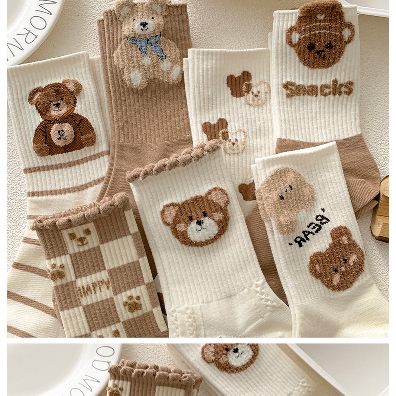 Vớ Ren Họa Tiết Gấu Nâu Dễ Thương Thời Trang Thu Đông Cho Nữ