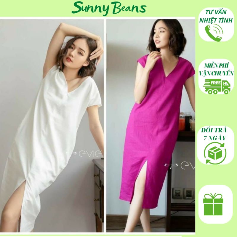 Váy suông cổ tim xẻ đùi chất thô mềm hai màu trắng, tím