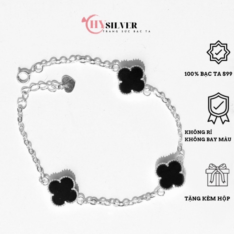 Vòng tay bạc thật Lắc tay bạc ta cỏ 4 lá đen mặt đá dày dặn cao cấp sang chảnh giá rẻ