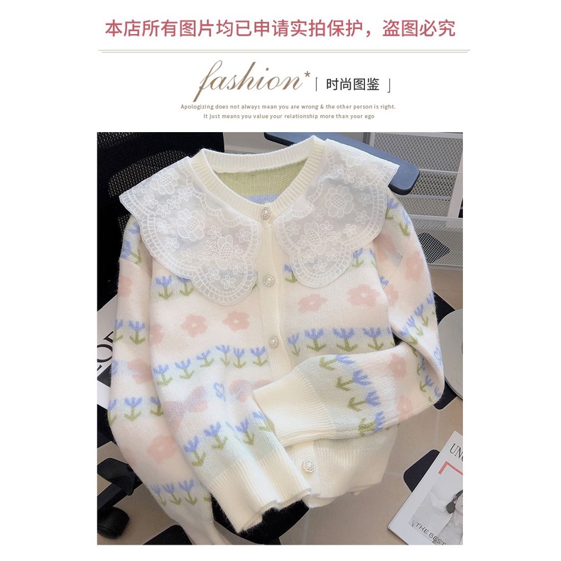 Áo Khoác Cardigan Dệt Kim Cổ Búp Bê Phối Ren Thời Trang Mùa Thu 2022 Mới Cho Nữ