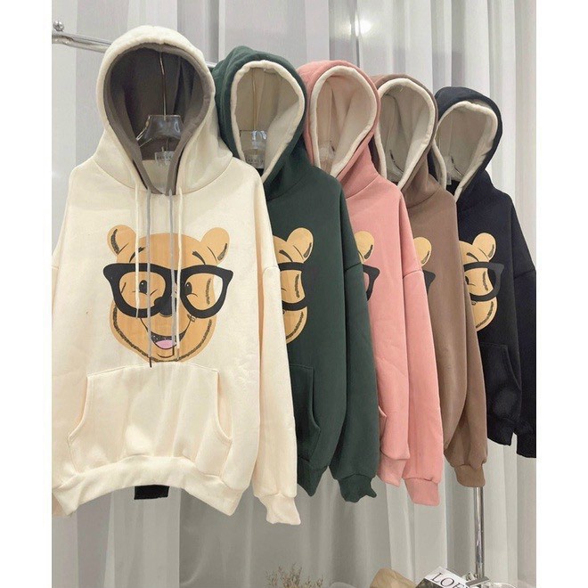 Áo Hoodies Nữ Gấu Đeo Kính Vải Nỉ Dày 2 Nón Form Rộng Mặc Đẹp NEW UNISEX