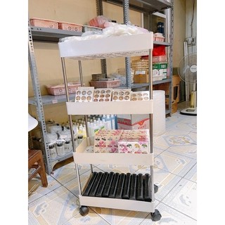 KỆ XE ĐẨY 4 TẦNG đa năng bánh sắt chắc chắn salon spa nail mi chuyên dùng