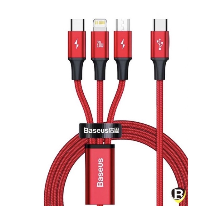Dây sạc 3 đầu sạc nhanh 20w Baseus ip type c micro - Cáp 3 in 1 bọc dù dùng cho ios và andoird