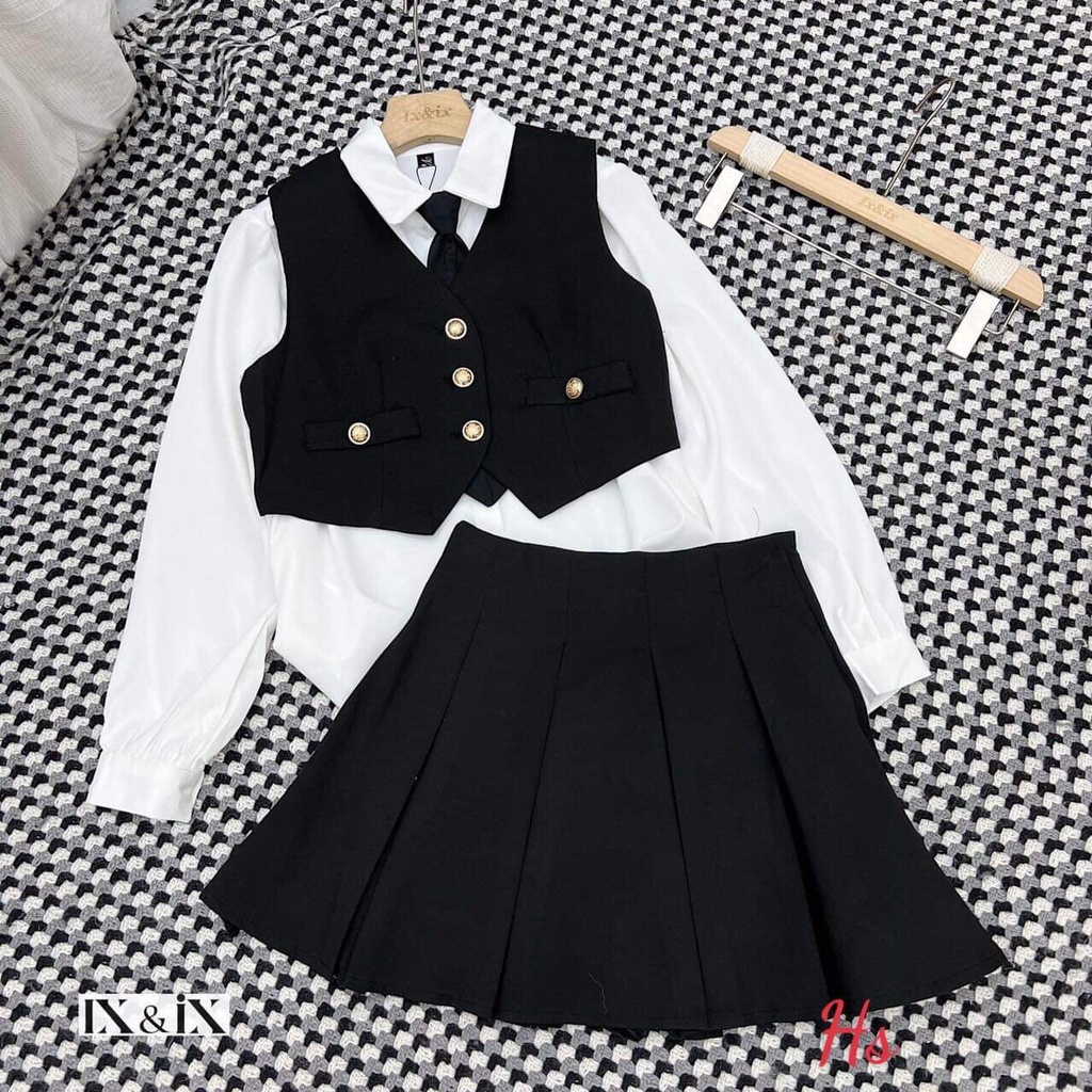 Set váy 4 món gồm sơ mi, chân váy áo gile và cà vạt siêu hot hit