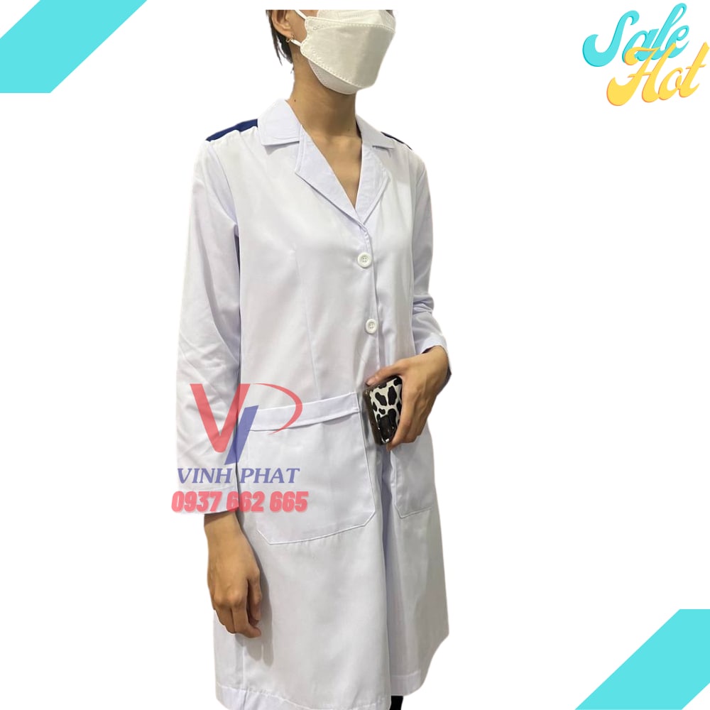 Áo Blouse Trắng Nam Nữ Sinh Viên Thực Tập Có Cầu Vai Xanh Tay Dài - Áo Choàng Blouse Bác Sĩ, Dược Sĩ, Phòng Thí Nghiệm