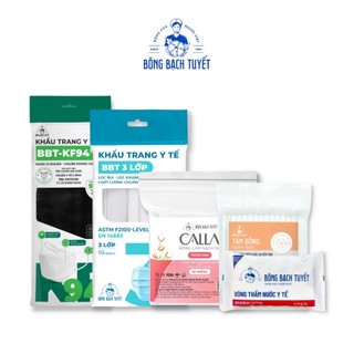 Combo 5 món Bông Bạch Tuyết: KT 3 Lớp Trắng + KT KF94 Đen + Tăm bông người lớn + Bông y tế 5Gr + Calla tròn mịn 30pcs