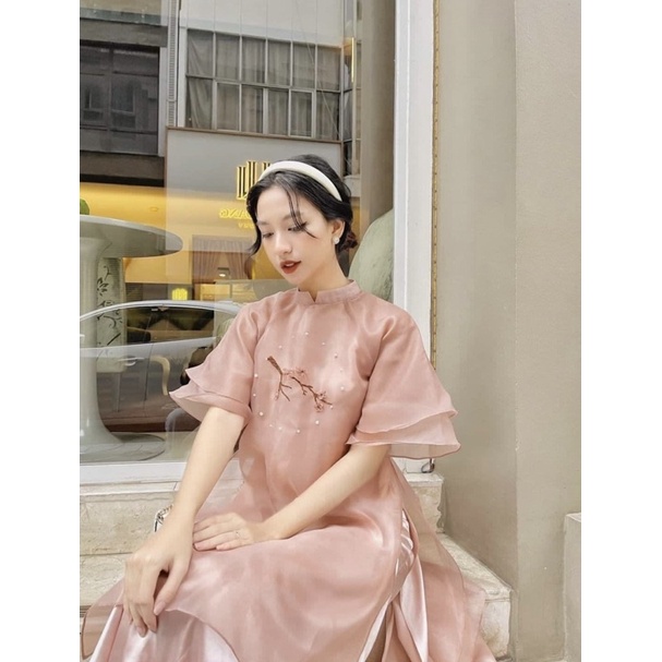 Áo dài cách Tân, áo dài hoa đào, mẫu hoa đào màu hồng tay cánh tiên-HS001