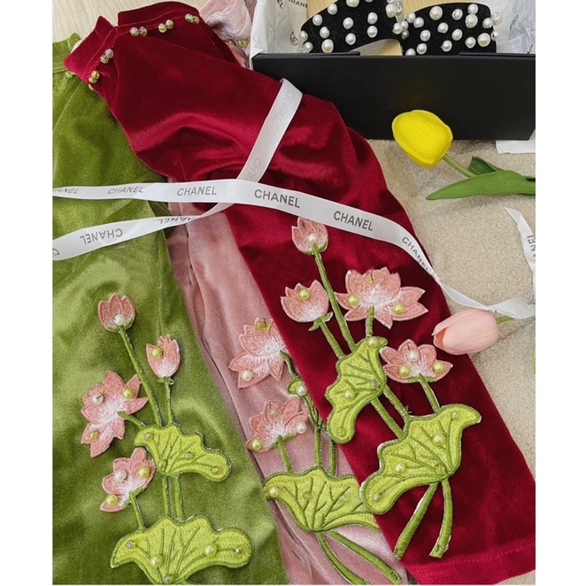 Set áo dài hoa sen nhung siêu hot 2023 size 9-20kg