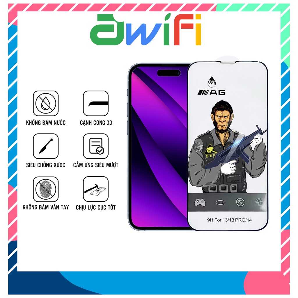 Kính cường lực iphone Gorilla AG Chống Vân Tay 6/6splus/7/7plus/8/8plus/x/xs/11/12/13/14/pro/max/promax - Ốp Awifi A5-20