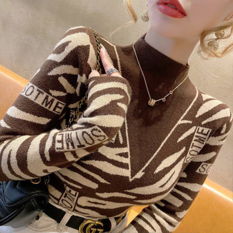 Áo Sweater Dệt Kim Tay Dài Cổ Cao Màu Sắc Tương Phản Phong Cách Cổ Điển Thời Trang Mùa Thu Cho Nữ