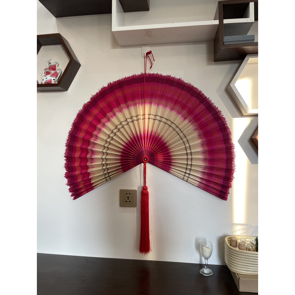 Quạt mành tre treo tường trang trí, quạt decor màu nhúng đỏ 2 đầu size,60cm, 80cm 100cm
