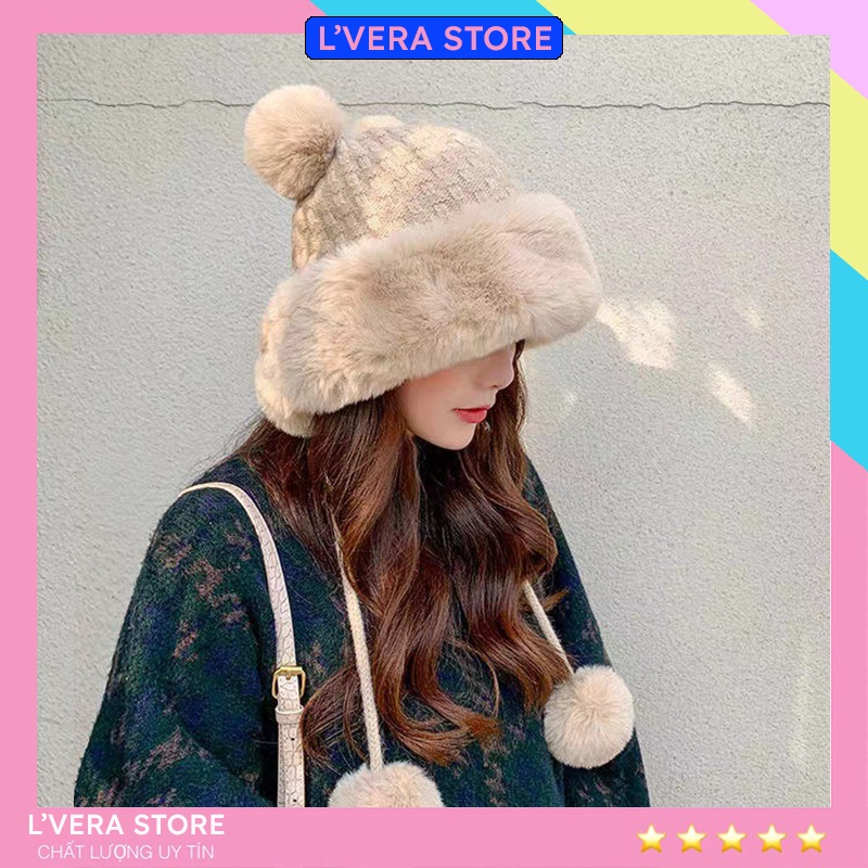 Mũ Nón Len Nữ Viền Lông Dày Dặn Giữ Ấm Mùa Đông Màu Trơn Gắn Quả Bông Dễ Thương MULEN08 L'Bera