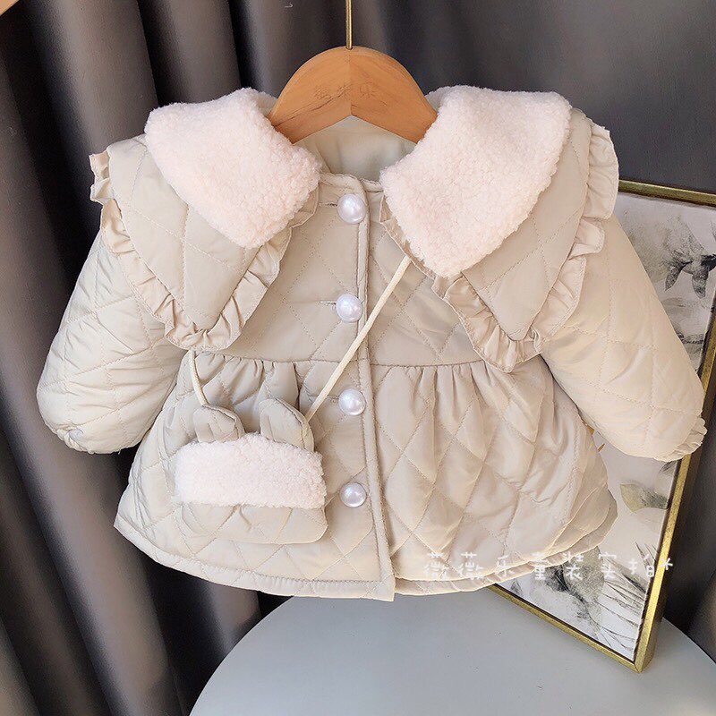 áo khoác cổ phối lông cừu lót nỉ bông tặng kèm túi cho bé gái