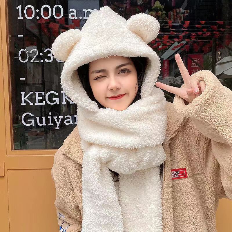 Mũ len lông cừu tai gấu kèm khăn quàng cổ bao tay 3 trong 1 dày dặn ấm áp tạo hình đáng yêu cho mùa đông