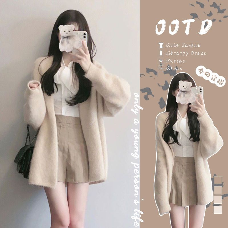 Set Áo Sơ Mi Tay Dài + Áo Khoác Cardigan + Chân Váy Xếp Ly Ba Mảnh Thời Trang Thu Đông 2022 + 8XGX