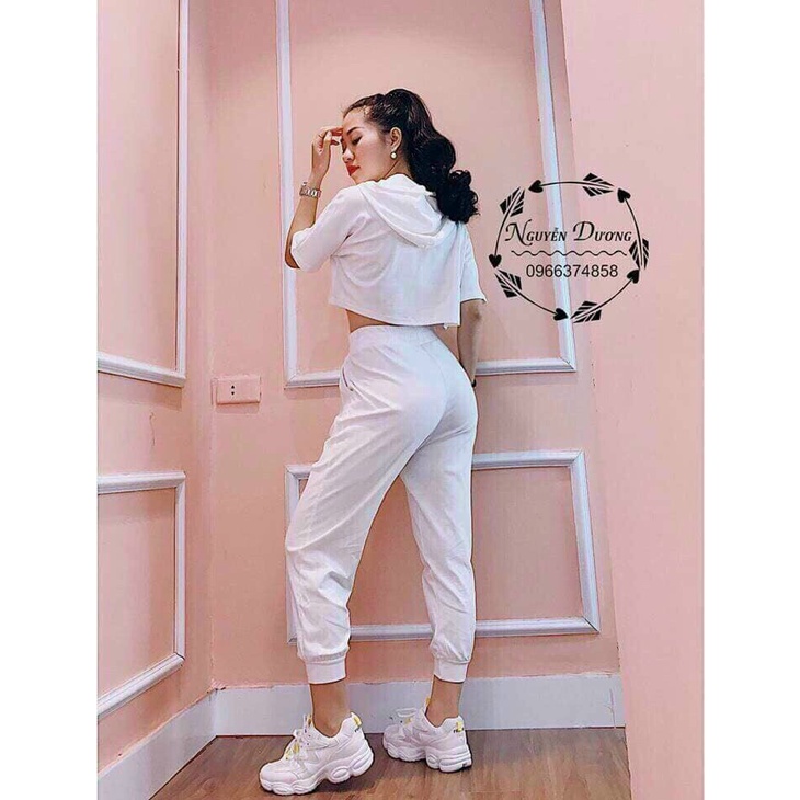 (Sale FreeShip) Sét bộ thể thao nữ,bộ thun da cá from croptop tay ngắn có nón,quần ống bo có túi