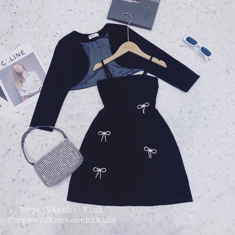 Set Váy Nhung Đính Đá Nơ Cho Bé 16kg-41kg