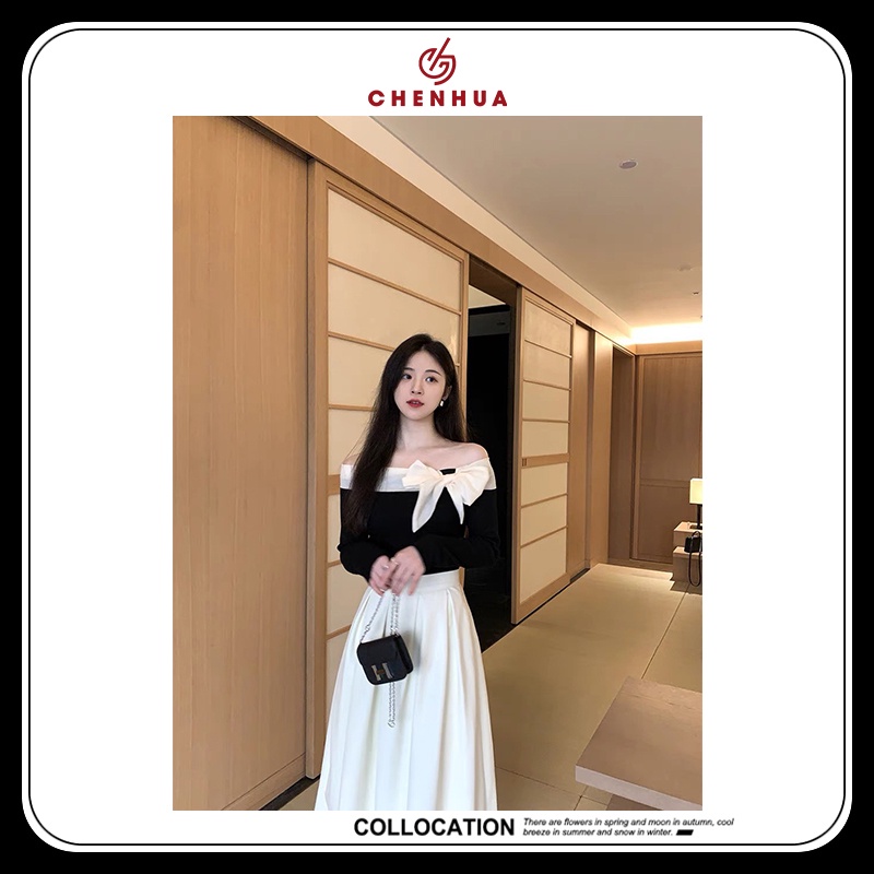 Set tiểu thư áo len tăm nơ vai mix chân váy midi xếp ly dáng dài  VN09