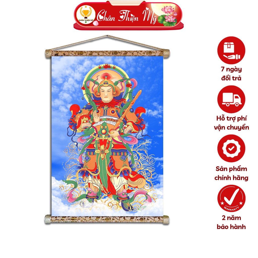 Tranh Phật Treo Tường Hộ Pháp CHÂN THIỆN MỸ, Chất Liệu Vải Lụa Kim Sa Khung Gỗ 40x60cm CVHP-02