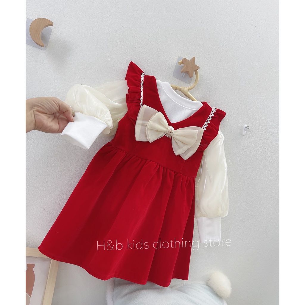 Váy Nhung đỏ cho bé gái, Set váy thu đông cho bé gái diện tết diện noel siêu dễ thương từ 7 - 20kg