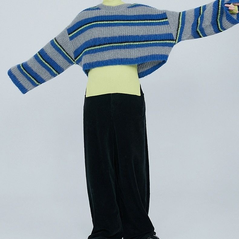 Áo Sweater Tay Dài Cổ Tròn Kẻ Sọc Màu Tương Phản Kiểu Retro Nhật Bản Thời Trang Thu Đông Cho Nữ