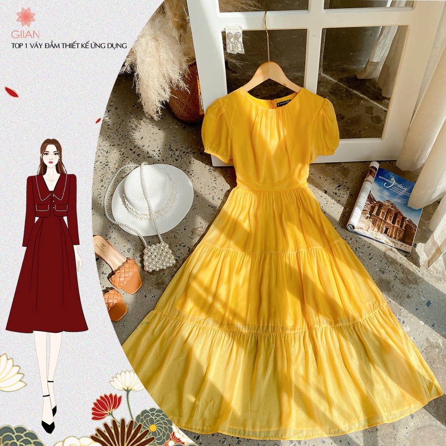 Váy xòe dáng dài vải tơ hàn mỏng nhẹ, đầm thiết kế tầng cách điệu - Thời trang Giian - GV1877