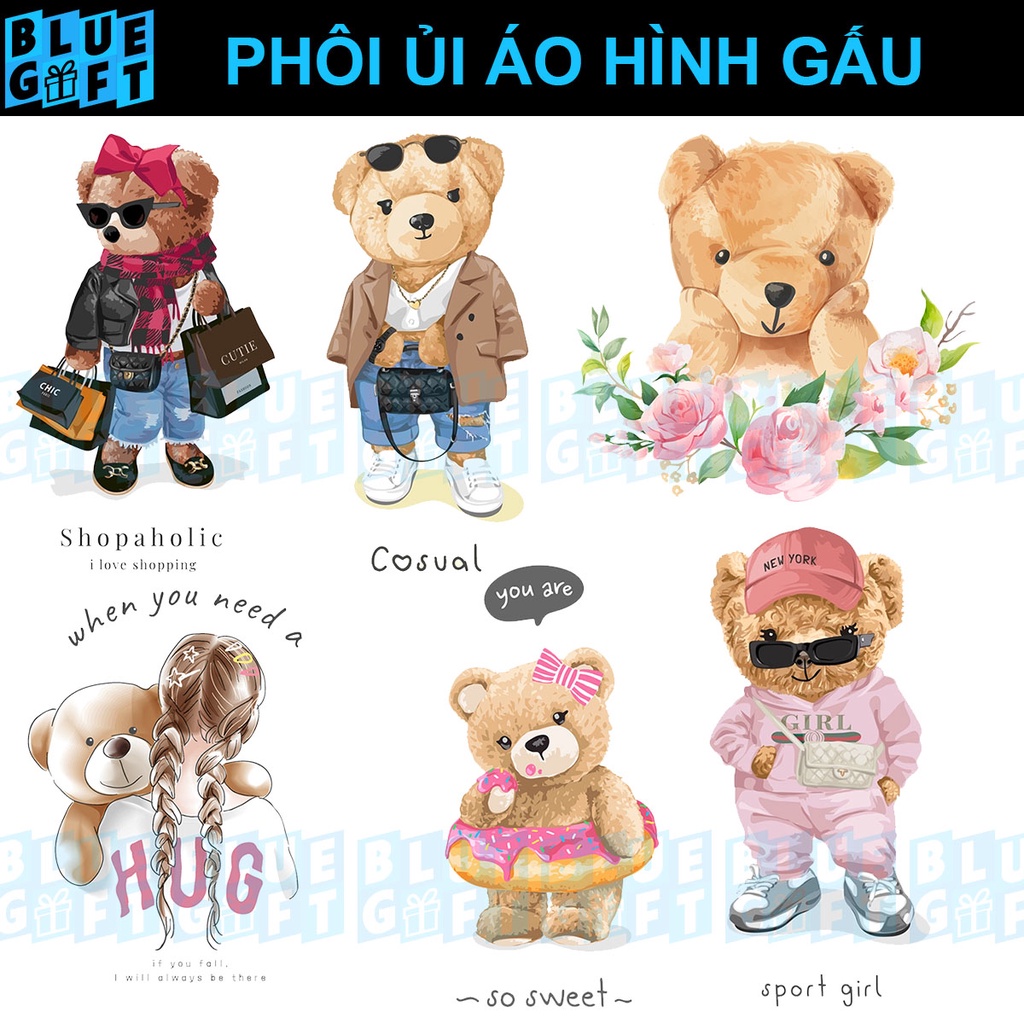 (Hình Ủi Nhiệt Quần Áo - Miếng Dán Ủi Quần Áo) Có In Theo Yêu Cầu, Hình Ủi Gấu G2 - Blue Gift